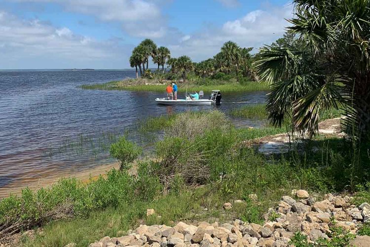 Boat floating into the bay at from Levee Trail