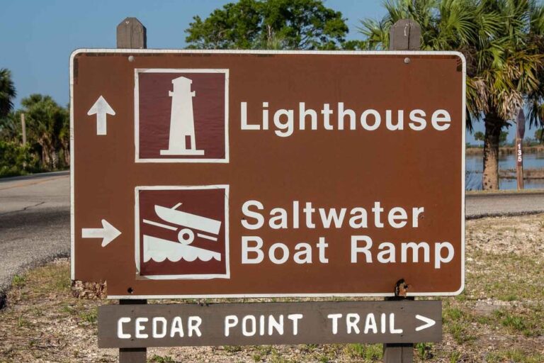 Direction signage for the lighthouse and saltwater boat ramp at the St. Marks Wildlife Refuge
